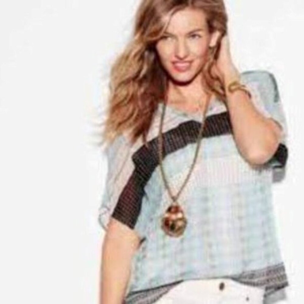 CAbi Sheer Flowy Blouse Aqua Striped Boho Print V Neck Size M Style 328